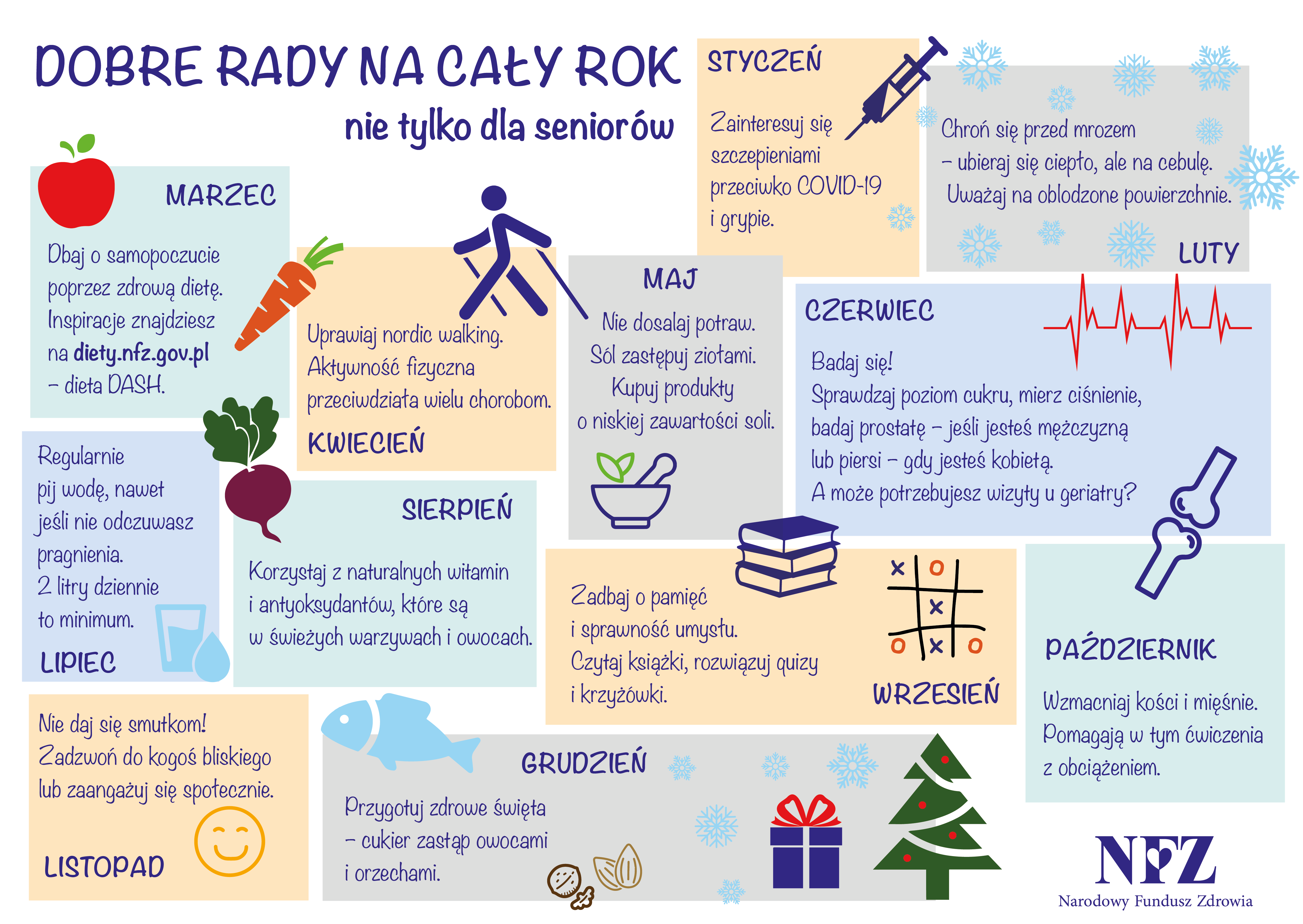 Kalendarz - dobre rady na cały rok. Nie tylko dla seniorów. STYCZEŃ - Zainteresuj się szczepieniami przeciwko COVID-19 i grypie. LUTY - Chroń się przed mrozem – ubieraj się ciepło, ale na cebulę. Uważaj na oblodzone powierzchnie. MARZEC - Dbaj o samopoczucie poprzez zdrową dietę. Inspiracje znajdziesz na diety.nfz.gov.pl – dieta DASH. KWIECIEŃ - Uprawiaj nordic walking. Aktywność fizyczna przeciwdziała wielu chorobom. MAJ - Nie dosalaj potraw. Sól zastępuj ziołami. Kupuj produkty o niskiej zawartości soli. CZERWIEC - Badaj się! Sprawdzaj poziom cukru, mierz ciśnienie, badaj prostatę – jeśli jesteś mężczyzną lub piersi – gdy jesteś kobietą. A może potrzebujesz wizyty u geriatry? LIPIEC - Regularnie pij wodę, nawet jeśli nie odczuwasz pragnienia. 2 litry dziennie to minimum. SIERPIEŃ - Korzystaj z naturalnych witamin i antyoksydantów, które są w świeżych warzywach i owocach. WRZESIEŃ - Zadbaj o pamięć i sprawność umysłu. Czytaj książki, rozwiązuj quizy i krzyżówki. PPAŹDZIERNIK - Wzmacniaj kości i mięśnie. Pomagają w tym ćwiczenia z obciążeniem. LISTOPAD - Nie daj się smutkom! Zadzwoń do kogoś bliskiego lub zaangażuj się społecznie. GRUDZIEŃ - Przygotuj zdrowe święta – cukier zastąp owocami i orzechami.